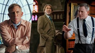 A collage of three stills of Benoit Blanc (Daniel Craig), taken from "Glass Onion," "Wake Up Dead Man" and "Knives Out" (L-R)