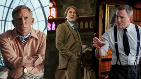 A collage of three stills of Benoit Blanc (Daniel Craig), taken from "Glass Onion," "Wake Up Dead Man" and "Knives Out" (L-R)