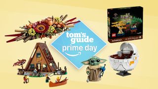 collection of lego models and a prime day badge on a yellow background