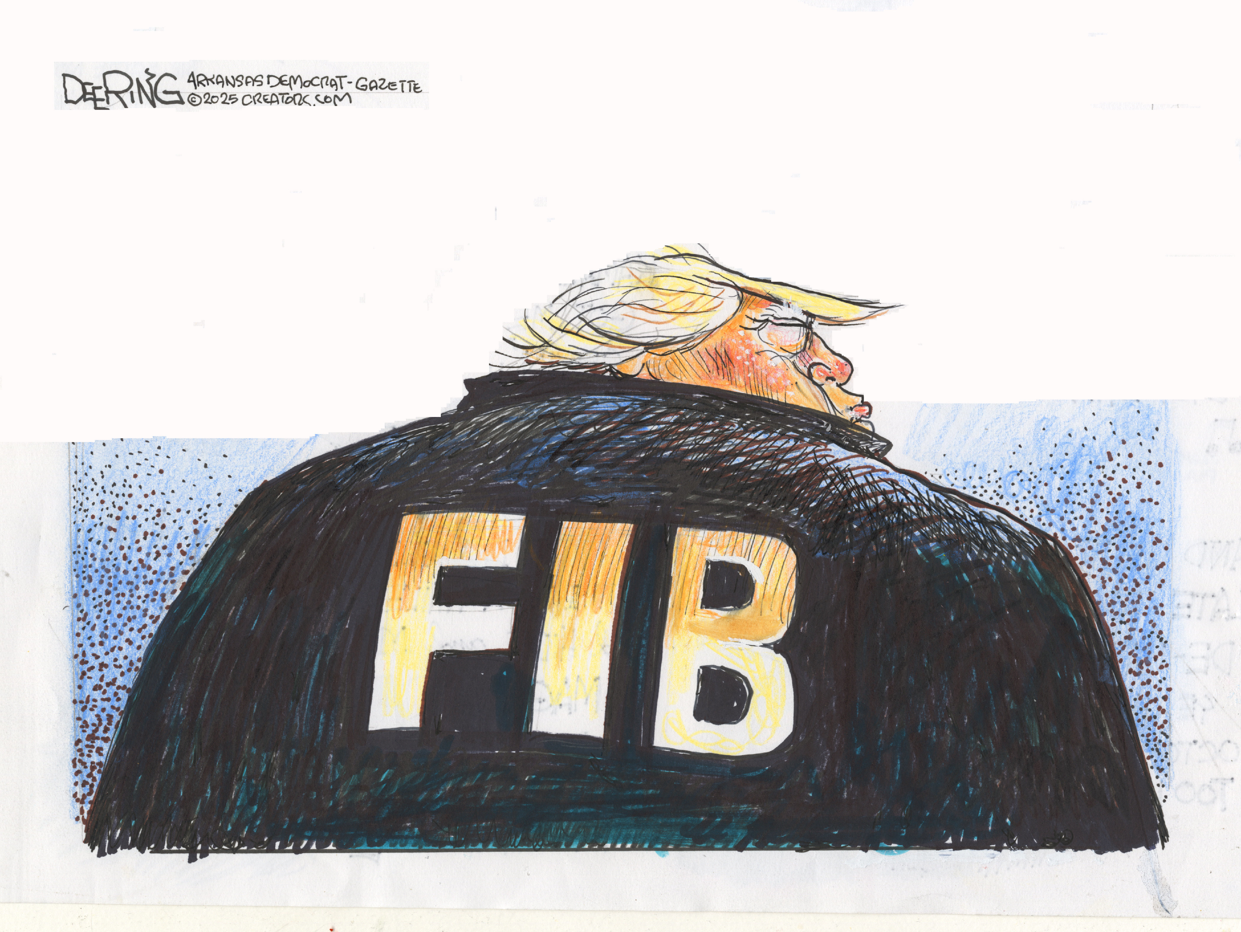 This cartoon shows Donald Trump from the back in what looks like dark-colored jacket worn by an FBI agent. However, the back of this jacket reads &amp;lsquo;FIB&amp;rdquo; in bright letters.