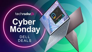 The Dell XPS 13 on a blue and green background with the text 'Cyber Monday Dell deals'