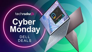 The Dell XPS 13 on a blue and green background with the text &#039;Cyber Monday Dell deals&#039;