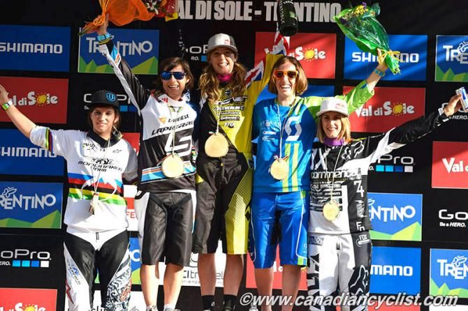 Women's podium: Morgane Charre, Emmeline Ragot, Rachel Atherton, Florian Pugin, Myriam Nicole