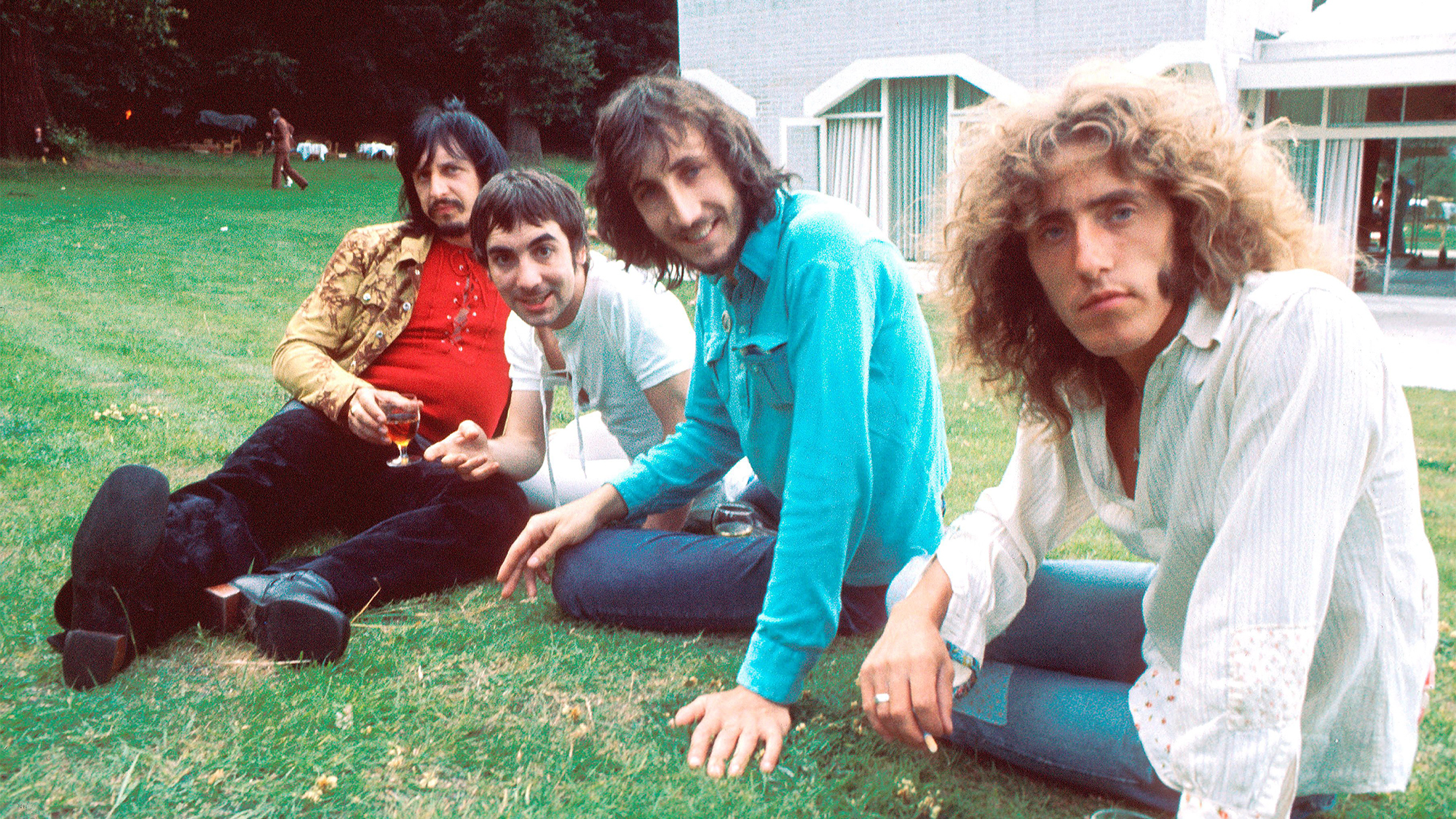 The Who pose for a press call, July 1971, Surrey, United Kingdom, John Entwistle, Keith Moon, Pete Townshend, Roger Daltrey. 