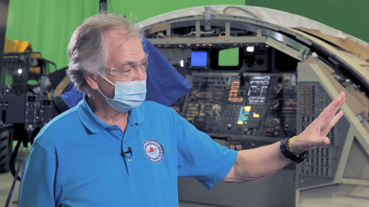 Former Canadian astronaut Bjarni Tryggvason is seen on the set of the film 2022 with NASA's decommissioned Guidance and Navigation Simulator (GNS). 