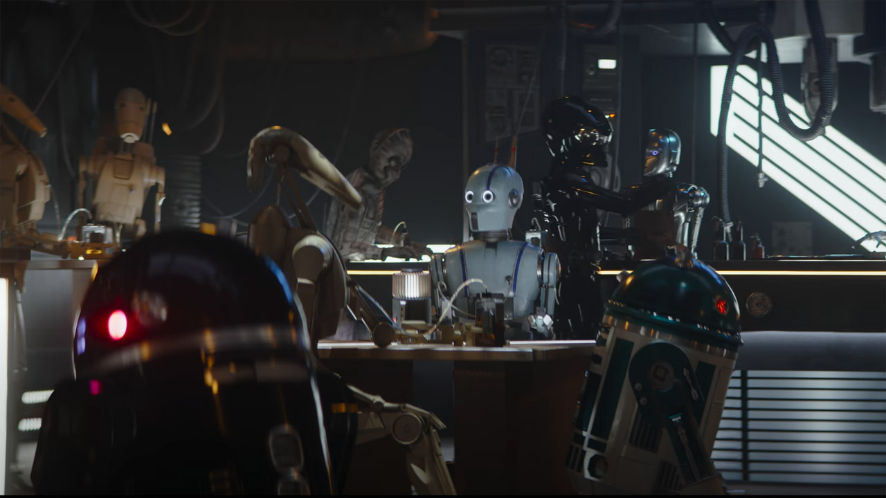 A bunch of droids hanging out in a bar in The Mandalorian season 3