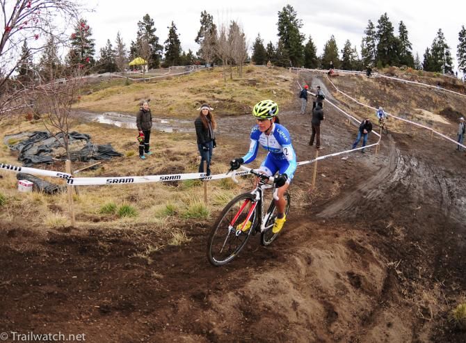 Katerina Nash (Luna Pro Team) heading up a steep, loose climb