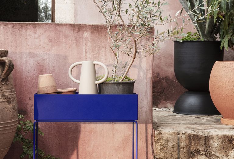 garden trend for color with a bright blue potting table