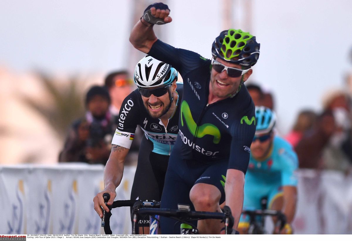 Jos&eacute; Joaquin Rojas (Movistar) celebrates victory on the opening day in Qatar.