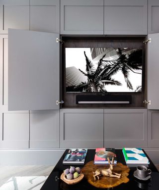 gray living room with concealed area for TV, black coffee table with books, objects, gray floor, rug