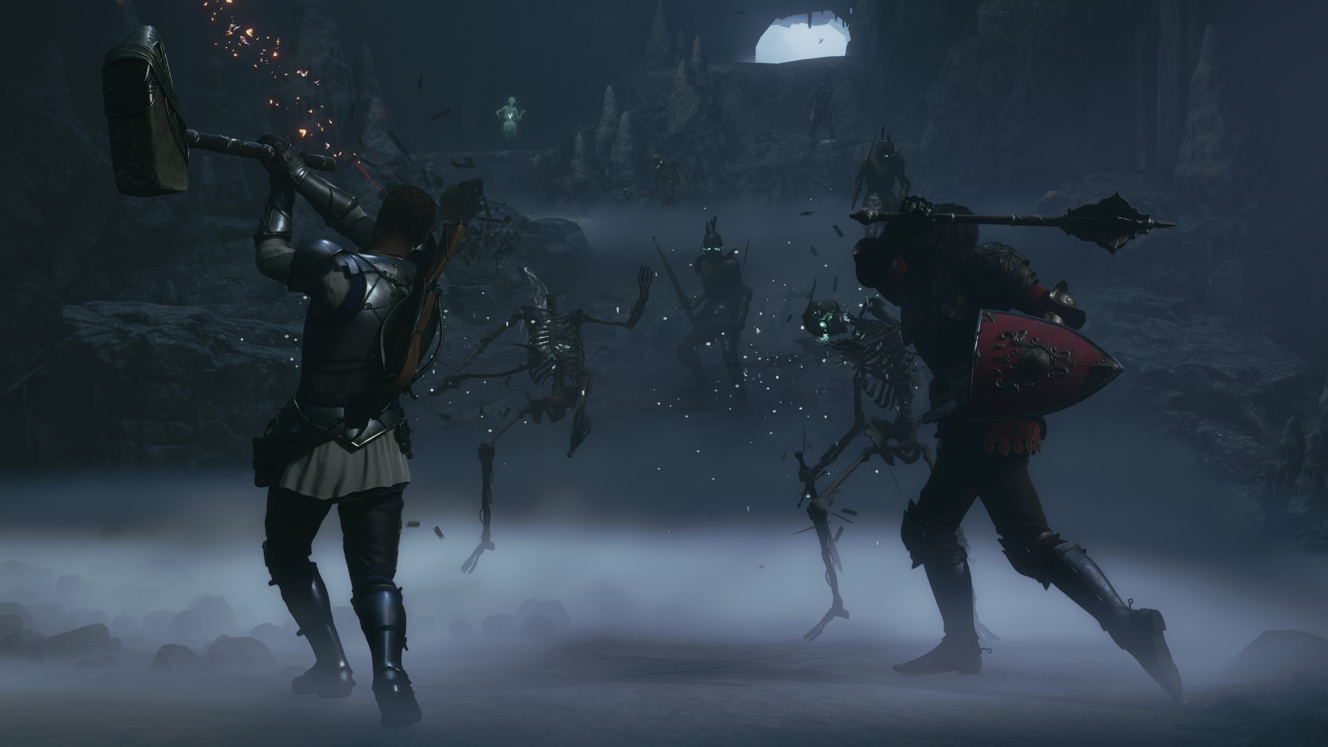 The Hero mashes undead with a big hammer in Fable (2027) for Xbox Series X in a foggy cave