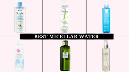 Six of the best micellar waters on a pink backdrop
