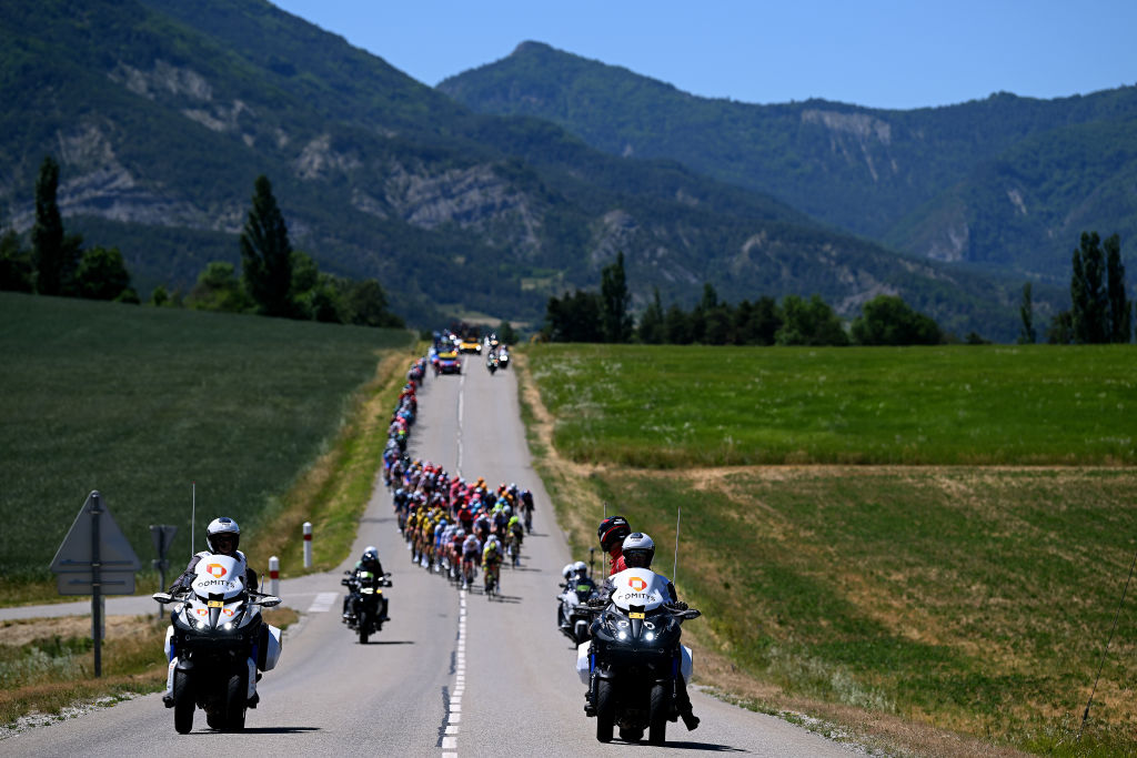 GAP FRANCE JUNE 10 ASO motorbike regulator during the 74th Criterium du Dauphine 2022 Stage 6 a 1964km stage from Rives to Gap 742m WorldTour Dauphin on June 10 2022 in Gap France Photo by Dario BelingheriGetty Images