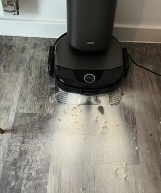 Self emptying fail showing flour and cereal puffed out across the floor in front of the base station