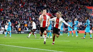 Southampton celebrate their late equaliser in the 3-3 draw against Tottenham in March 2023.