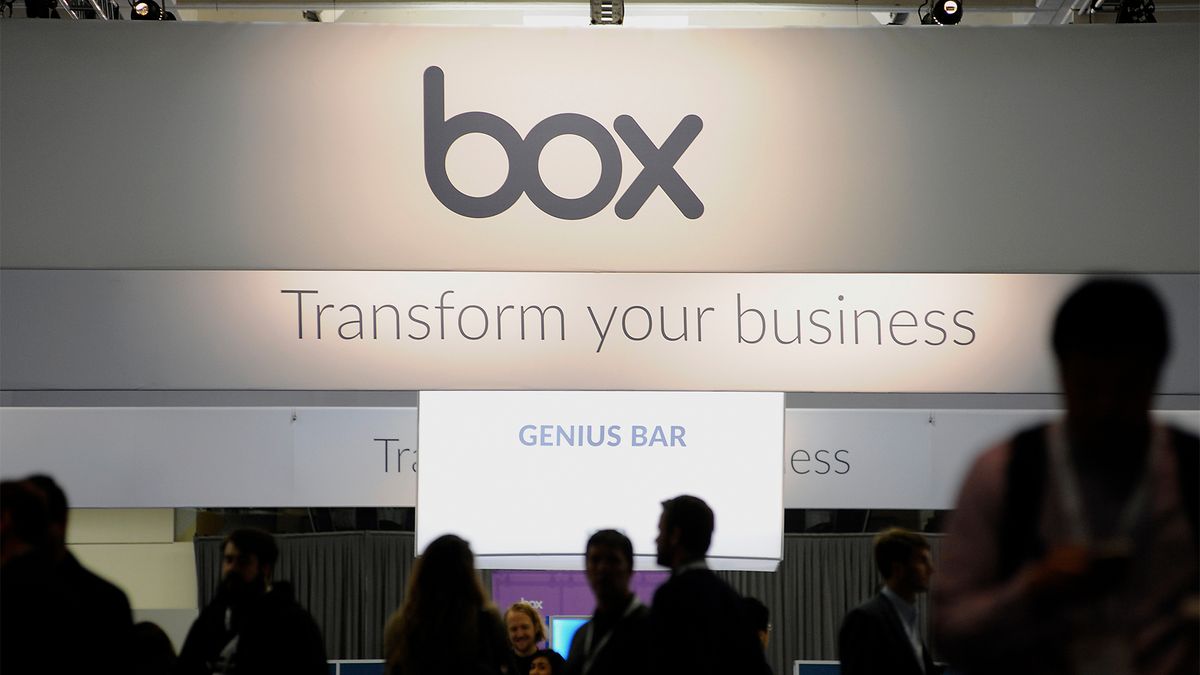 Box cloud storage logo and branding pictured at the BoxWorks 2015 Conference at the Moscone Center in San Francisco, California, US.