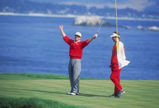 Tom Kite celebrates winning the 1992 US Open