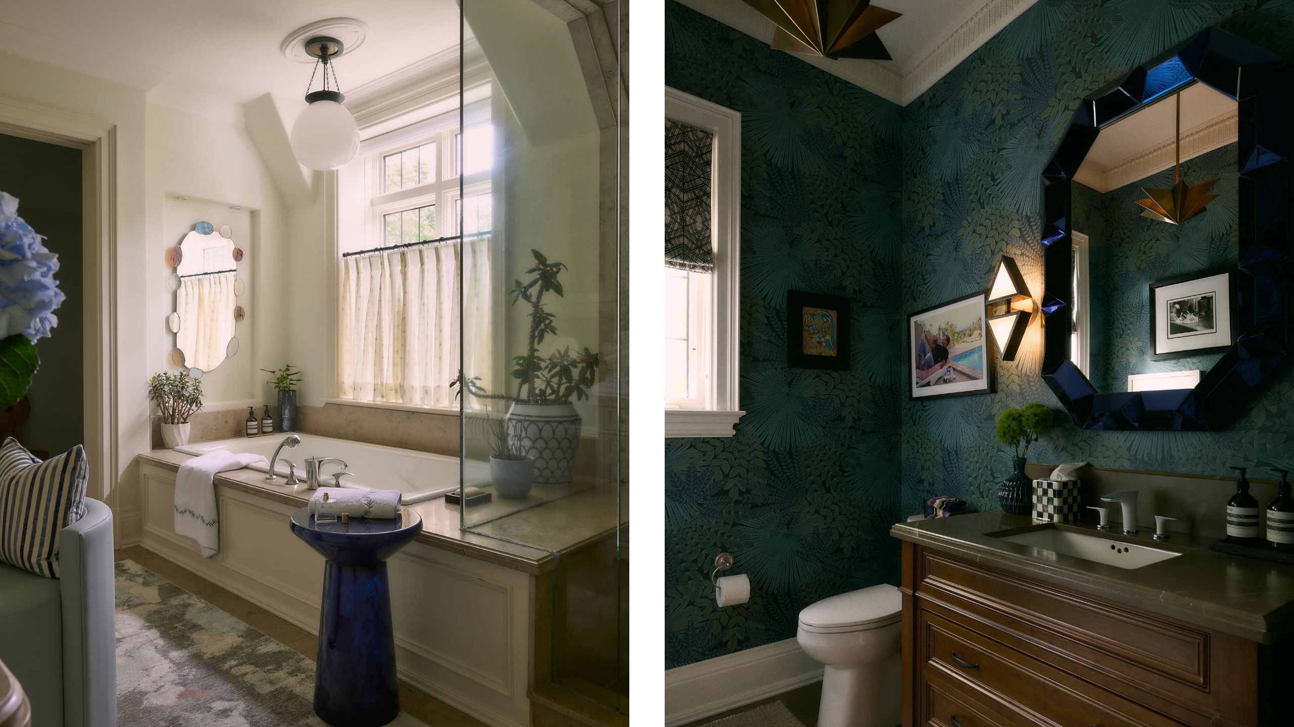 two side by side images of eclectic bathrooms with built in tub and a wallpapered powder room