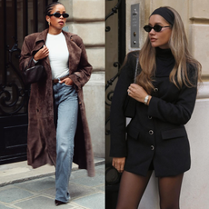 best basics from nordstrom's early black friday sale shown in a collage of two women standing on the sidewalk, one on the left is wearing a brown suede trench coat over a white t-shirt and jeans, one on the right is wearing a black blazer dress with a black shoulder bag and a black headband and sunglasses 