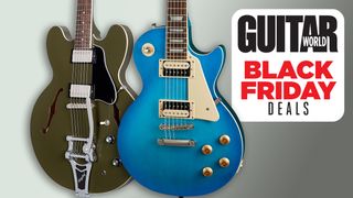 Epiphone ES-335 Bigsby in Olive Drab finish and a blue Epiphone Les Paul Traditional Pro IV side-by-side