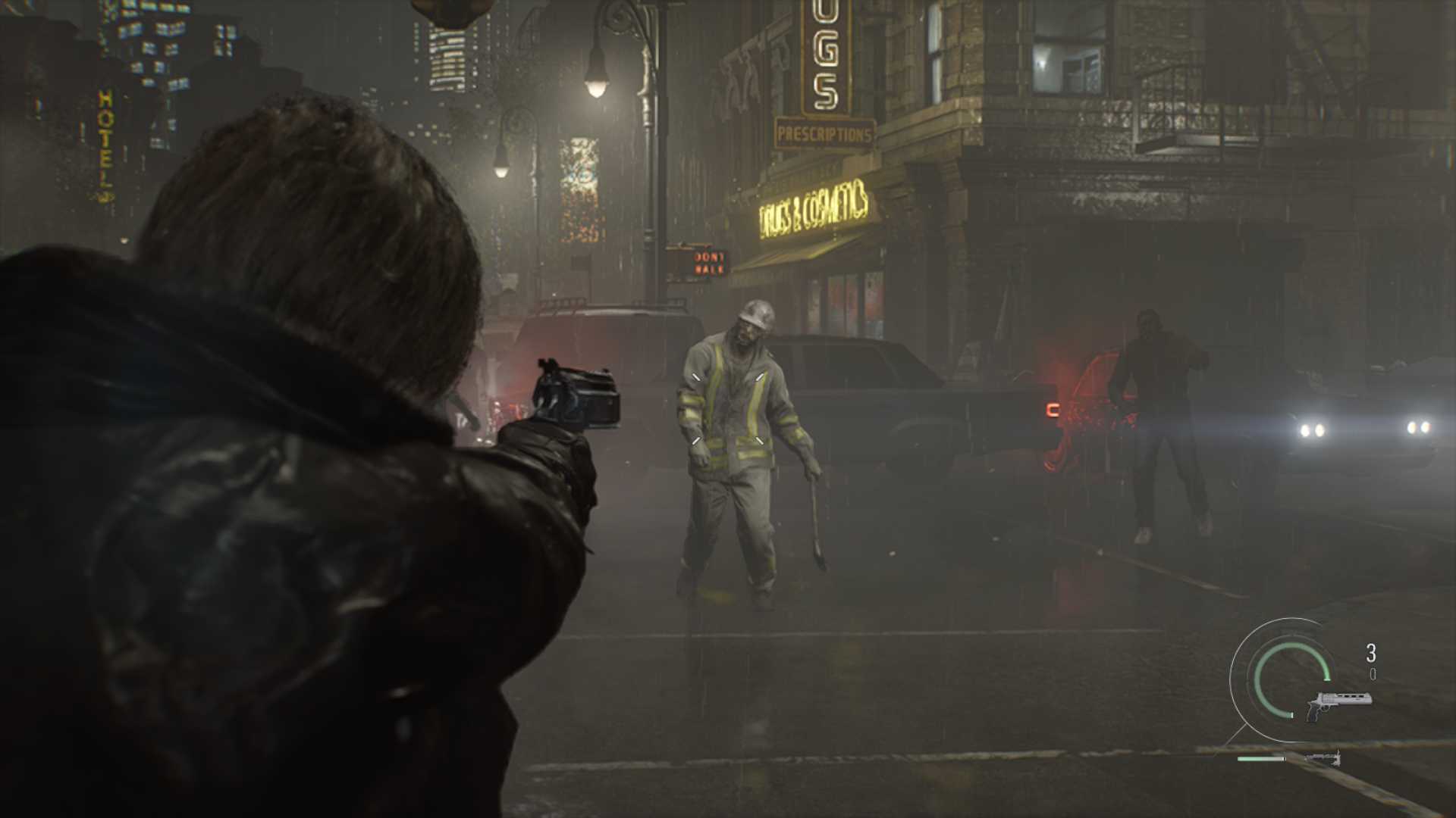 A Resident Evil Requiem screenshot captured on Nintendo Switch 2 in handheld mode showing Leon aiming at a zombie construction worker on a city street.