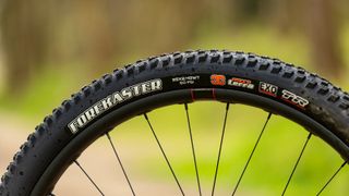 Close up of wheel and tire on mountain bike