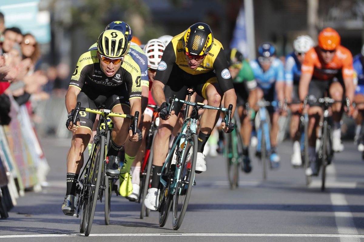 Danny van Poppel (LottoNl-Jumbo) passed at the line by Caleb Ewan (Mitchelton-Scott)
