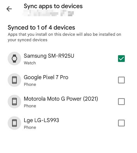 A list of available devices for the app sync feature on the Play Store.