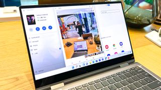 An image of a Samsung Galaxy Book 2 Pro 360 showing the Gallery app open on the photo just taken with a Galaxy Z Fold 3.