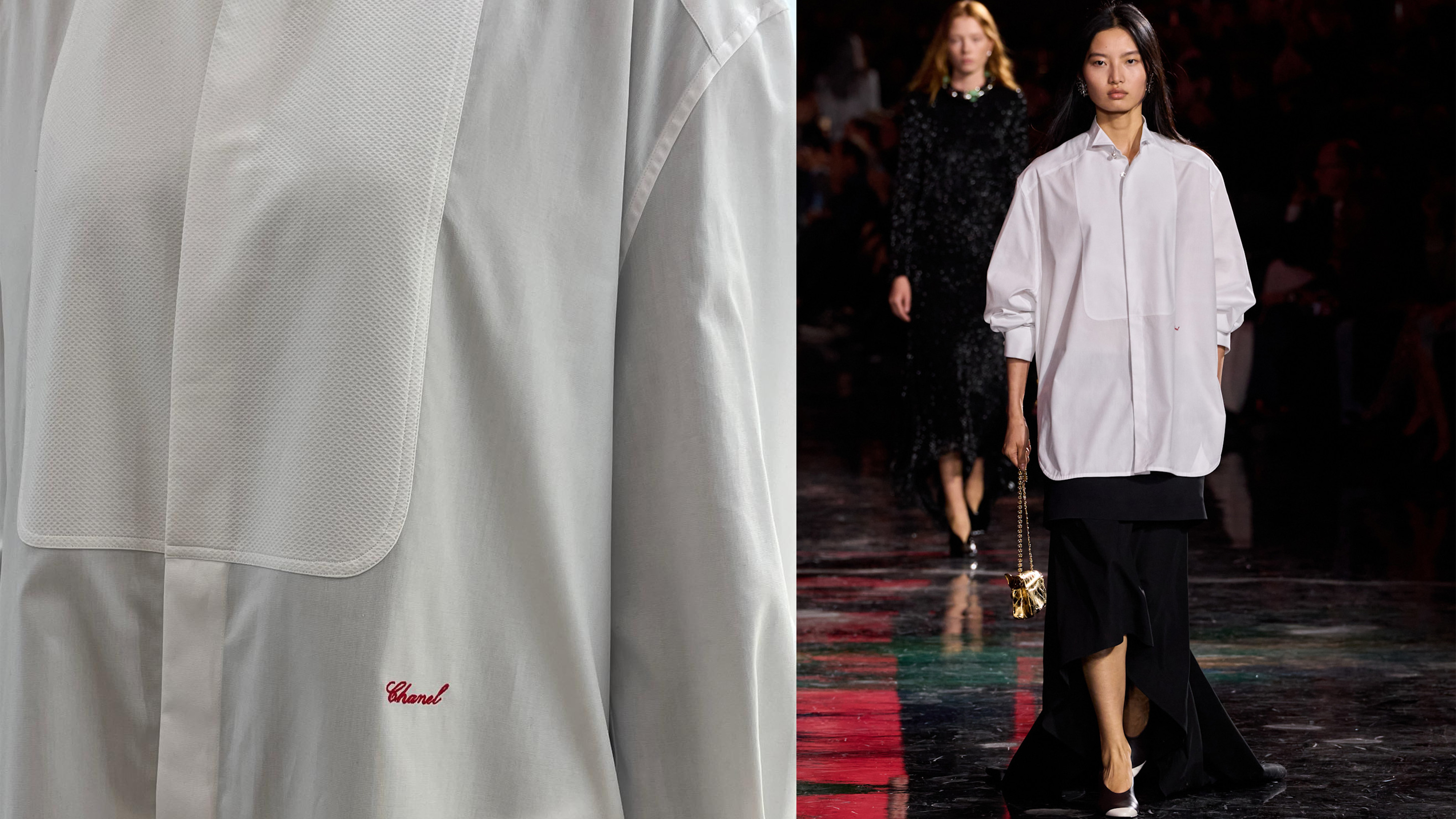 Two photos of Chanel's S/S 26 tuxedo shirt. 