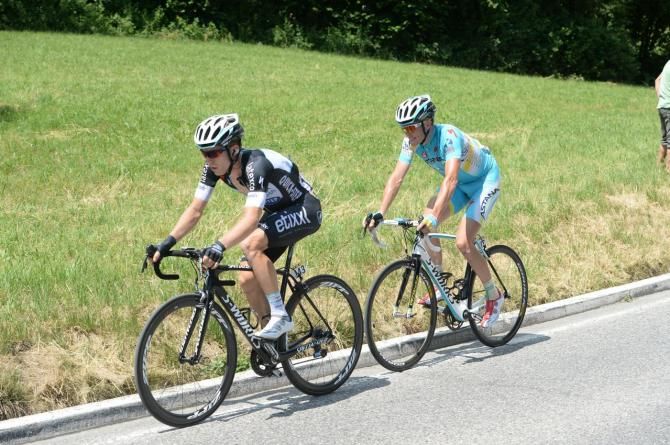 Jan Bakelants (Omega Pharma-QuickStep) leads Lieuwe Westra (astana) as they head to the finish