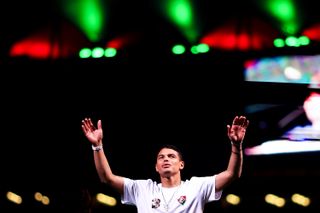 Thiago Silva gestures to fans during his official presentation as a Fluminense player in June 2024.