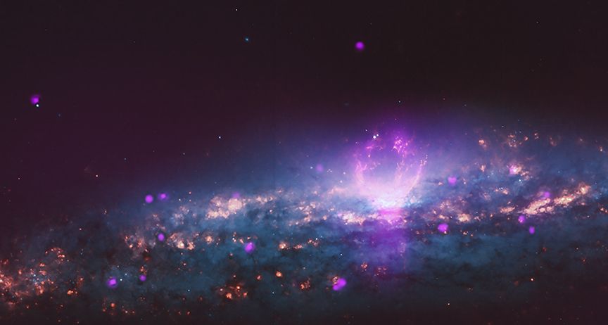 The galaxy NGC 3079, located 67 million light-years from Earth, appears to be blowing two enormous gas bubbles near its galactic center. This combined X-ray and optical light image reveals the superbubbles in their gassy glory.