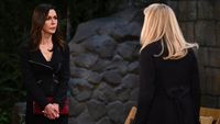 Finola Hughes as Anna talking to Laura Wright as Carly in General Hospital