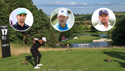 Jon Rahm hits a tee shot, with three LIV players in circles