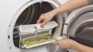 Person removing lint trap in a dryer.