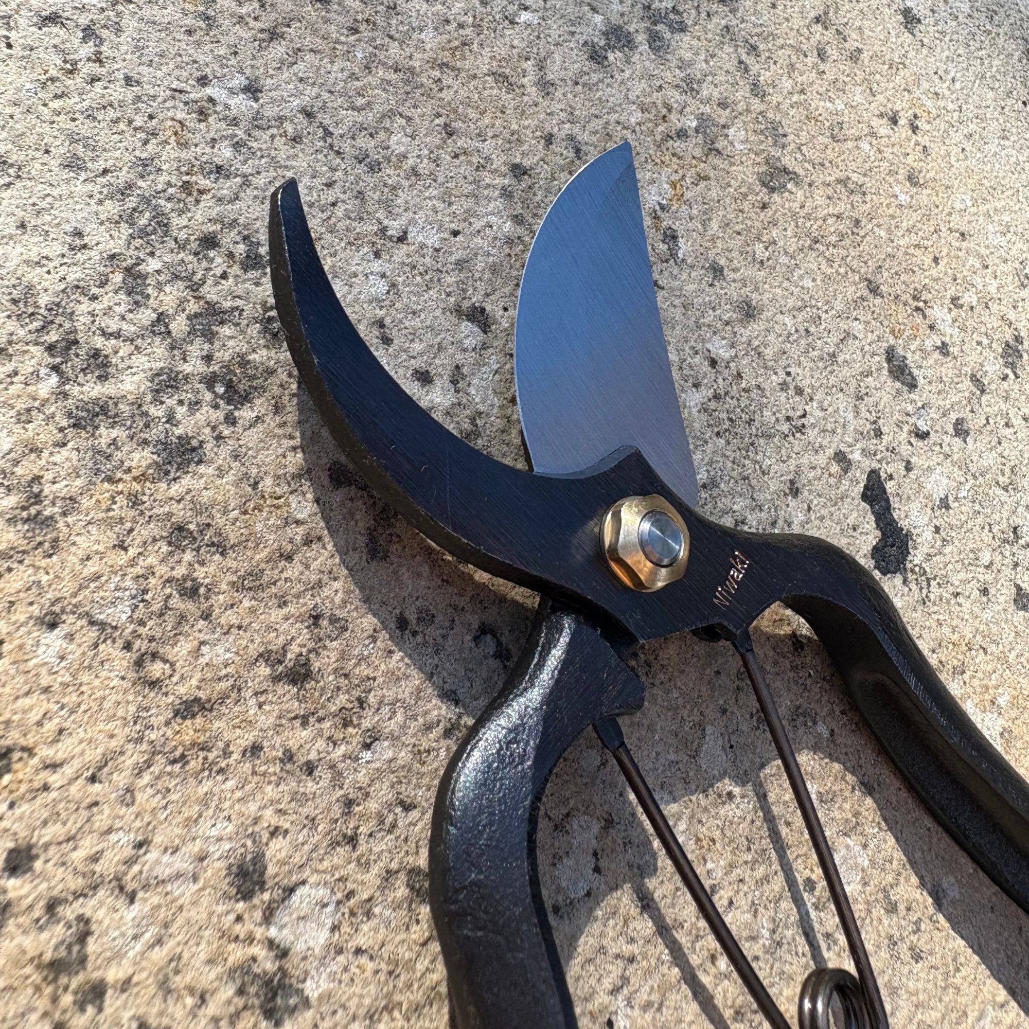 Closeup of Niwaki Sentei Secateur blades in garden