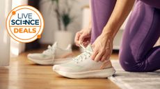 A Live Science deals logo and a close-up picture of a woman tying her running shoes