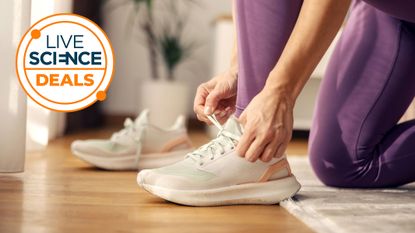 A Live Science deals logo and a close-up picture of a woman tying her running shoes