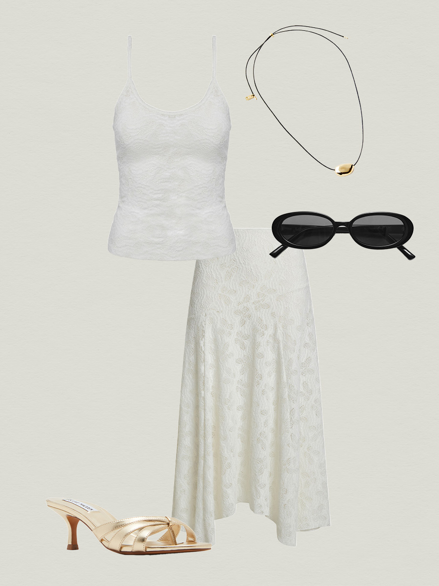Lace skirt and tank top outfit