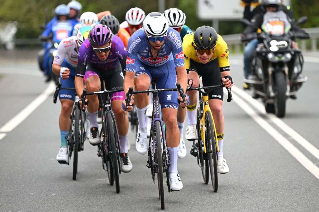 AMOREBIETA ETXANO SPAIN APRIL 05 LR Jose Manuel Diaz of Spain and Team Burgos BH Jimmy Janssens of Belgium and Team Alpecin Deceuninck and Milan Vader of The Netherlands and Team Visma Lease a Bike compete in the breakaway during the 63rd Itzulia Basque Country 2024 Stage 5 a 1759km stage from VitoriaGasteiz to AmorebietaEtxano UCIWT on April 05 2024 in AmorebietaEtxano Spain Photo by Tim de WaeleGetty Images