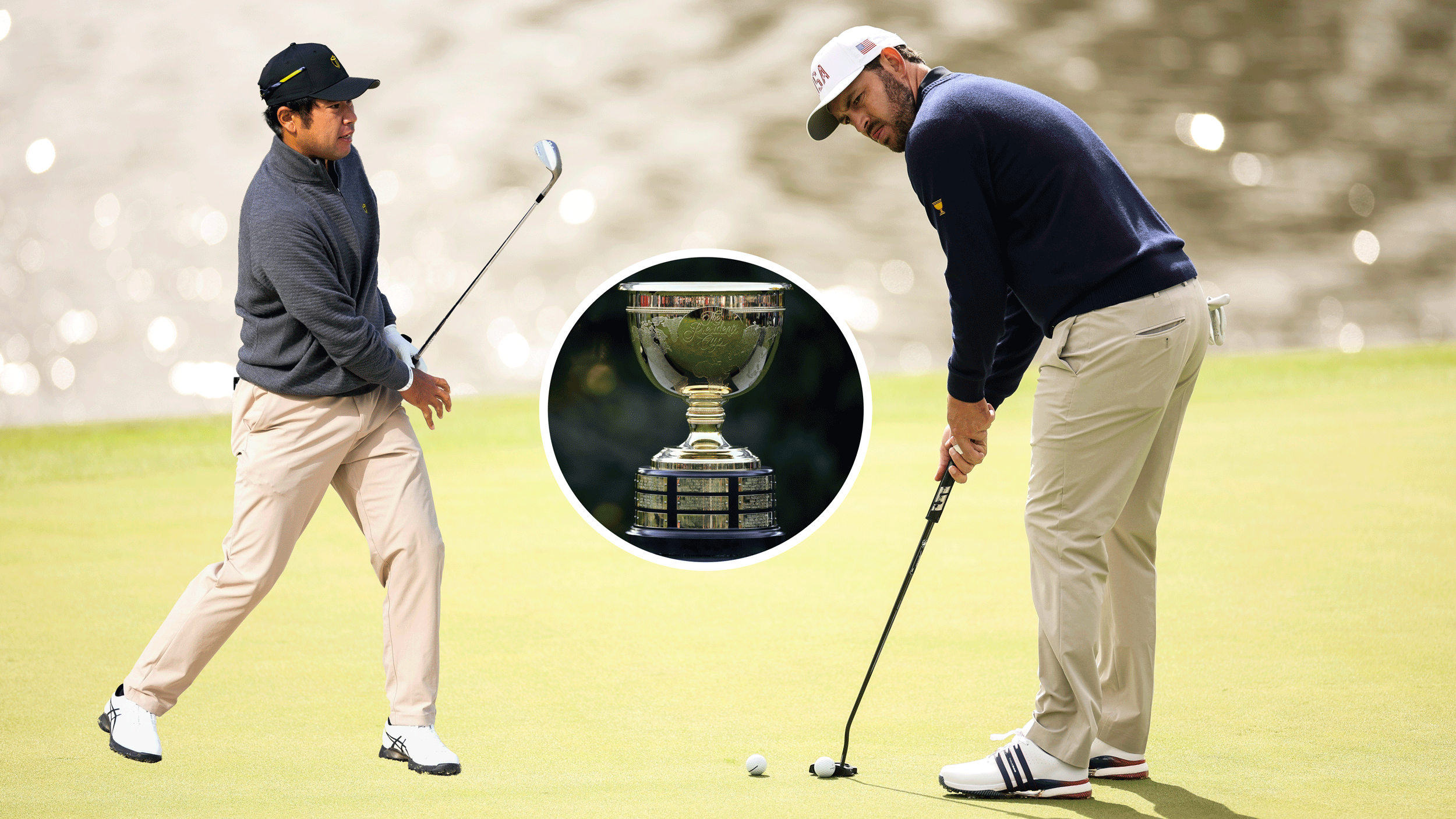 Hideki Matsuyama (left) hits a bunker shot while Patrick Cantlay makes a putt (right)