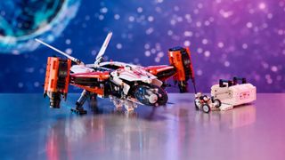 Lego VTOL Heavy Cargo Spaceship on a table with a starry background