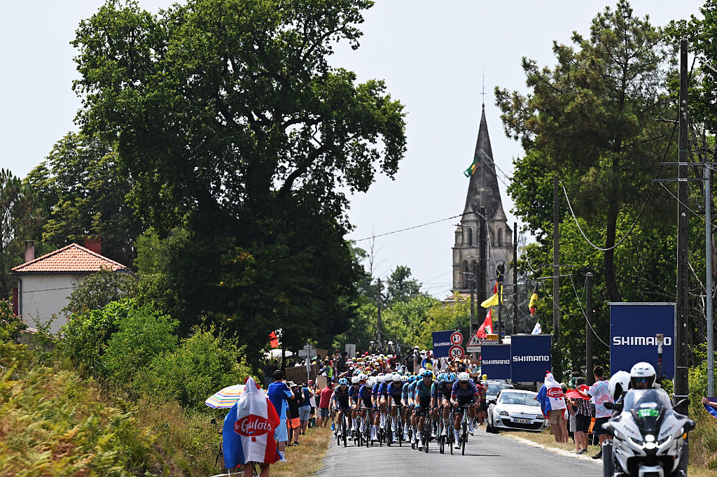 BORDEAUX, FRANCE - JULY 10: A general view of the peloton passing through Gironde area during the 113th Tour de France 2026, Stage 7 a 175.1km stage from Hagetmau to Bordeaux / #UCIWT / on July 10, 2026 in Bordeaux, France. (Photo by Tim de Waele/Getty Images)