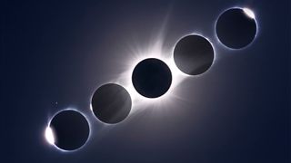 A composite image of 5 sun/moon conjunctions showing the stages of a total solar eclipse arrayed in a diagonal line in a dark sky, with the point of maximum eclipse in the middle.