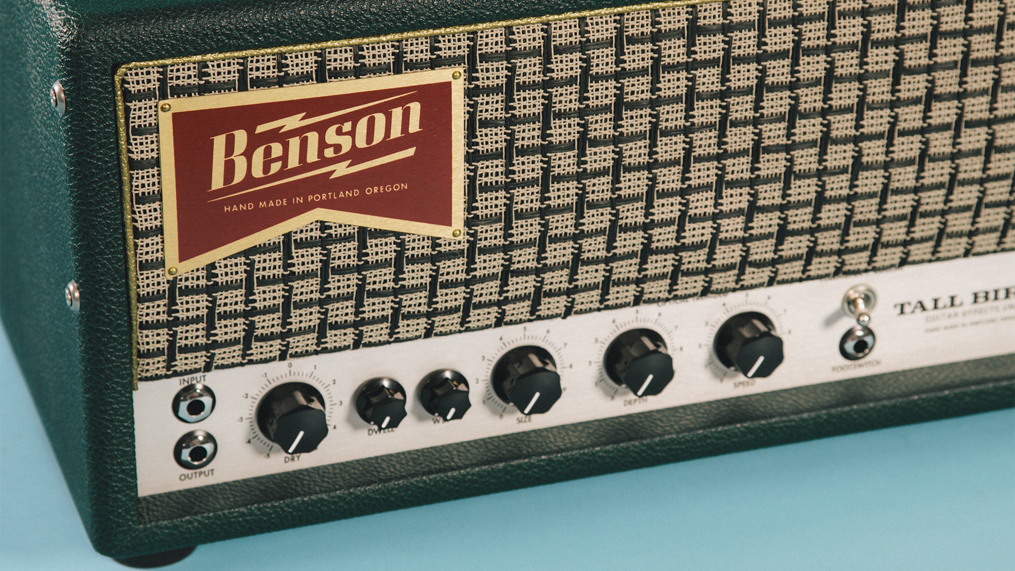 A closeup photo of a Benson Tall Bird Plus reverb-tremolo unit