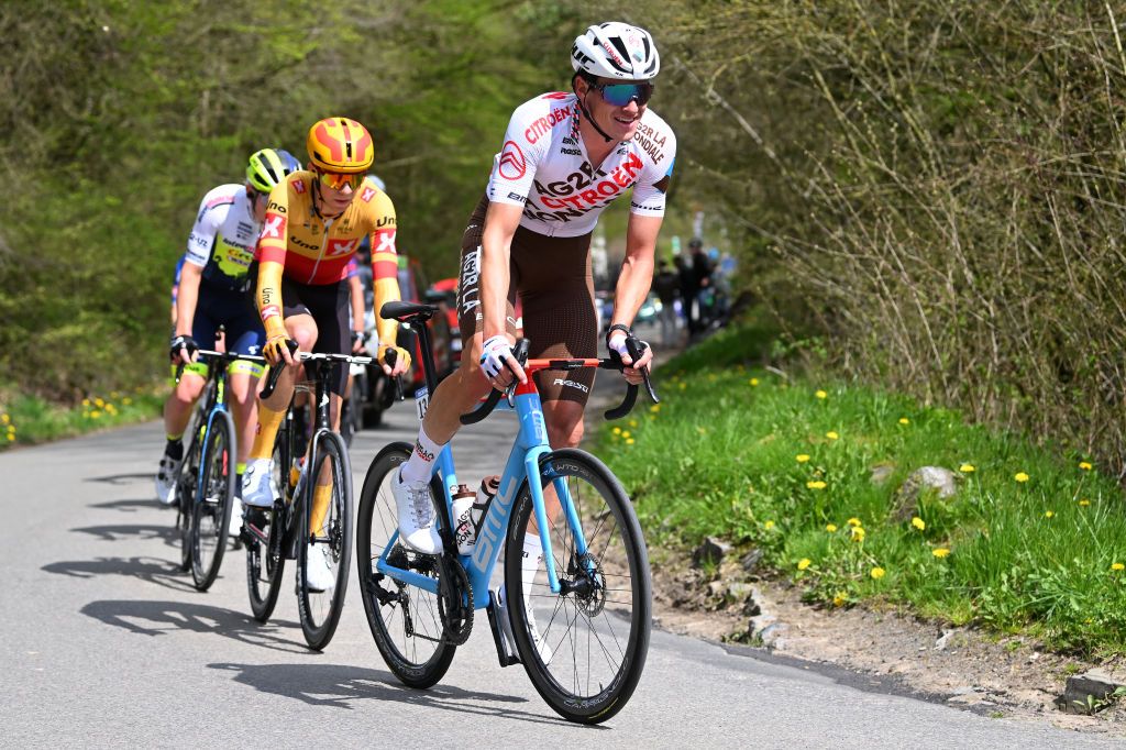 HUY BELGIUM APRIL 19 Lawrence Naesen of Belgium and AG2R Citron Team leads the breakaway during the 87th La Fleche Wallonne 2023 Mens Elite a 1943km one day race from Herve to Mur de Huy UCIWT on April 19 2023 in Huy Belgium Photo by Luc ClaessenGetty Images