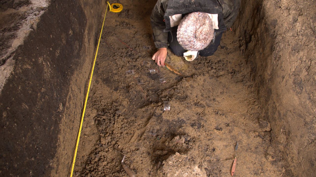 Several weapons were found in the tomb, including a sword, a dagger, parts of a bow, and a bundle of iron arrowheads that seem to have been gathered together in a quiver.