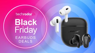 Apple AirPods Pro 2 and Bose Quietcomfort Earbuds 2 next to a sign saying Black Friday Earbuds Deals