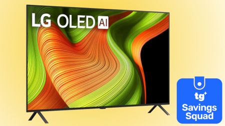LG B5 OLED TV alongside a blue-colored badge that reads: "TG Savings Squad"